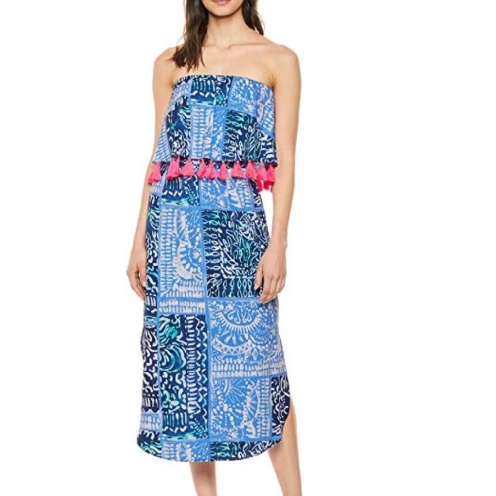 Lilly‎ Pulitzer meridian Strapless Tassel Flounce Dress Patchwork XL Palm Beach